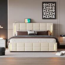 Queen Size Upholstered Bed With Hydraulic Storage System And LED Light, Beige - Màu be + vải lanh - Xem 3
