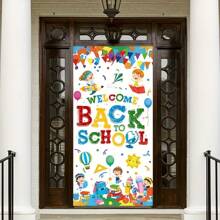 1pc Welcome Back To School Door Cover Decoration, White First Day Of School Background Banner, Party Supplies For Classroom, Indoor/Outdoor Wall Decoration - Multicolor - View 3