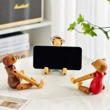 1pc, Creative Wooden Monkey Phone Holder, Decorative Art Hanging Ornament For Living Room & Bedroom, Versatile Table & Shelf Decor, Multi-Purpose Practical Gift - Multicolor - View 3