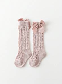 3 Pairs Of Girls' Mesh High Stockings With Bow Knots
