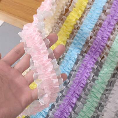 5米雙層彈性雪紗褶皺花邊，4cm寬，DIY髮飾，啦啦隊球迷支持服裝、袖口和用品必備