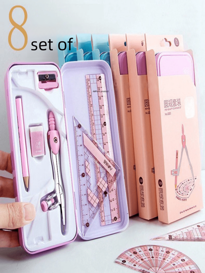 8 Pieces, Geometry Math Drawing Tools Set, Includes 4 Pieces Ruler, Circle Gauge, Pencil, Eraser, Pencil Sharpener, Perfect Stationery Set For Schools, Students, Gifts For Kids Back To School
