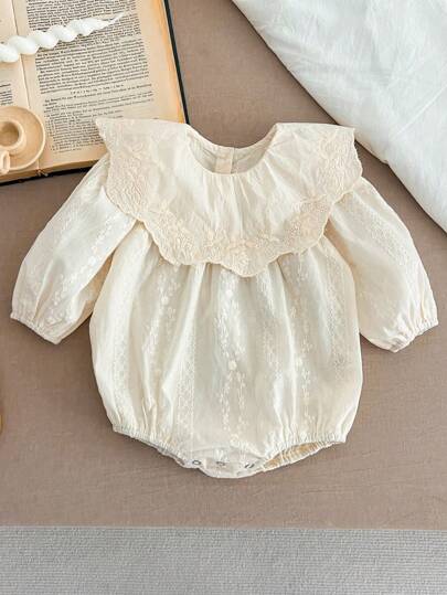 Baby Girls' Floral Embroidered Lapel Long Sleeve Bodysuit, Spring/Autumn