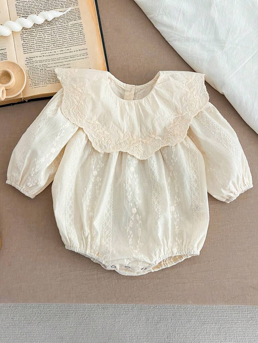 Baby Girls' Floral Embroidered Lapel Long Sleeve Bodysuit, Spring/Autumn