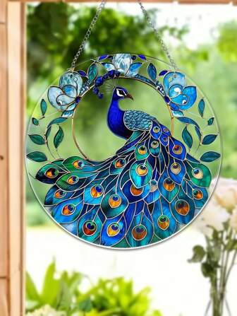 1st 5.9in Blue Peacock Print Akryl Sun Catcher Rund Fönster Dekoration Dubbelsidig Akryl Vägghängande För Hem Fönster Inomhus Utomhus Trädgård Dekor (Med metallkedja)