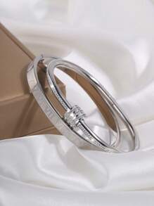 2pcs Simple And Stylish Stainless Steel Bangle, Star Design, Suitable For Women's Daily Wear - Silver - View 3