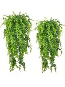 2 Pack Artificial Fake Hanging Ferns Plants Vine Fake Ivy Boston Outdoor UV Resistant Plastic (Green) For Spring Summer Decor