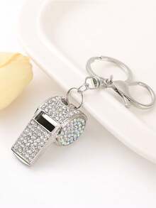 1pc Exquisite Studded Referee Whistle Keychain, Creative Metal Whistle Car Key Chain Accessory, Bag Charm - Multicolor - View 2