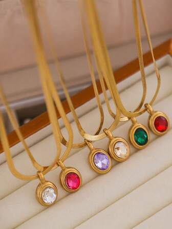 Collar con colgante ovalado de acero inoxidable chapado en oro de 18k con circonita colorida, resistente al agua y a la decoloración, de moda y vintage, adecuado para el uso diario de las mujeres