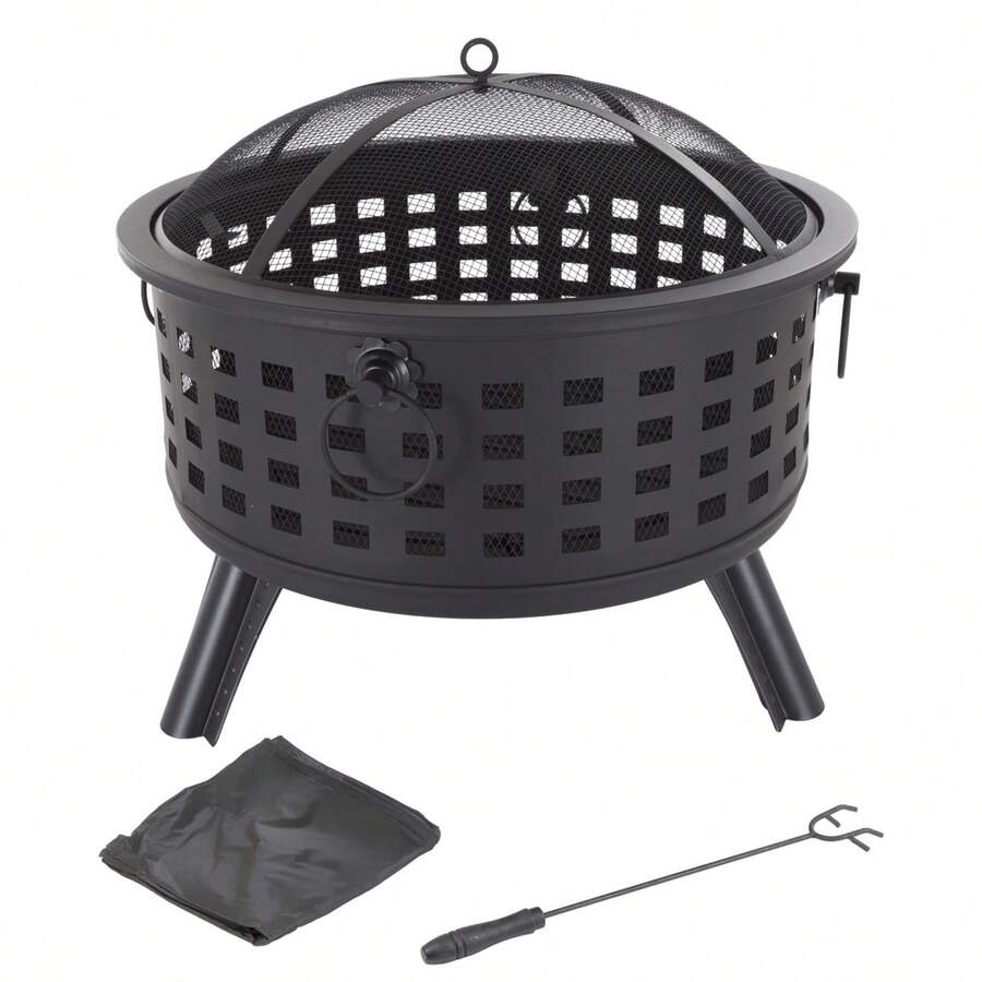 Pure Garden 26 Inch Round Metal Fire Pit Set With Spark Screen And Log