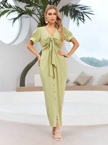 Solid Color Dress - Green - View 1