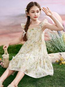 Tween 女童碎花盖袖公主细肩带连衣裙，夏季 - 彩色 - 查看 1