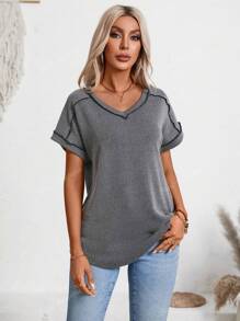 Women's Summer Tops V Neck T-Shirt Ribbed Cap Short Sleeve Casual Blouse