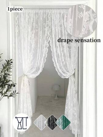 1pc Solid Color Lace Sheer Curtain Panel, Lightweight & Transparent, With Floral Edge, For Living Room, Bedroom, Balcony, Decorative Divider Curtain Gifts Birthday Graduation