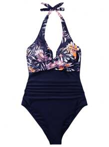 1pc Conservative Tree Leaf & Solid Color Pattern Swimsuit, Casual Beach Holiday Swimwear For Women Vacation Summer - Navy Blue - View 3