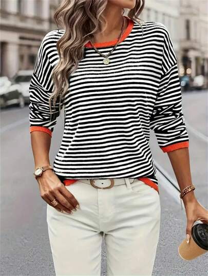 CMC Casual Minimalist Contrast Black & White Striped Sweater Top For Women, Spring/Autumn