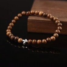 Charm Women Men Silver Cross Head Christian 8MM Natural Wooden Beaded Couple Bracelets