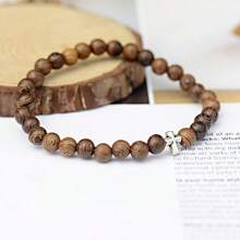 Charm Women Men Silver Cross Head Christian 8MM Natural Wooden Beaded Couple Bracelets