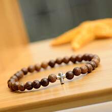 Charm Women Men Silver Cross Head Christian 8MM Natural Wooden Beaded Couple Bracelets