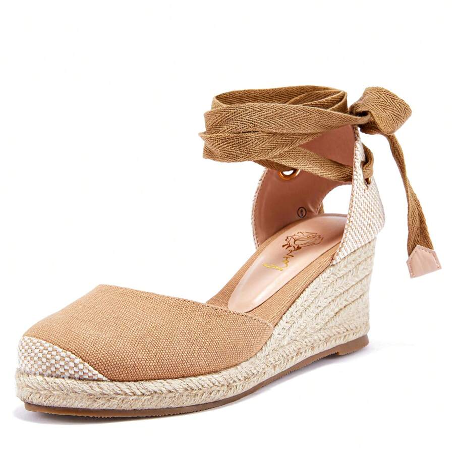 Womens Platform Espadrille Sandals Lace Up Closed Toe Summer Wedge Sandals Christmas Gift & New Year Gift - 卡其色 - 查看 1