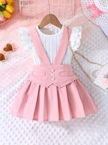 Conjunto de verano para chicas con top corto con cuentas, falda exquisita y elegante sombrero, 3 piezas - Rosa - Ver 1