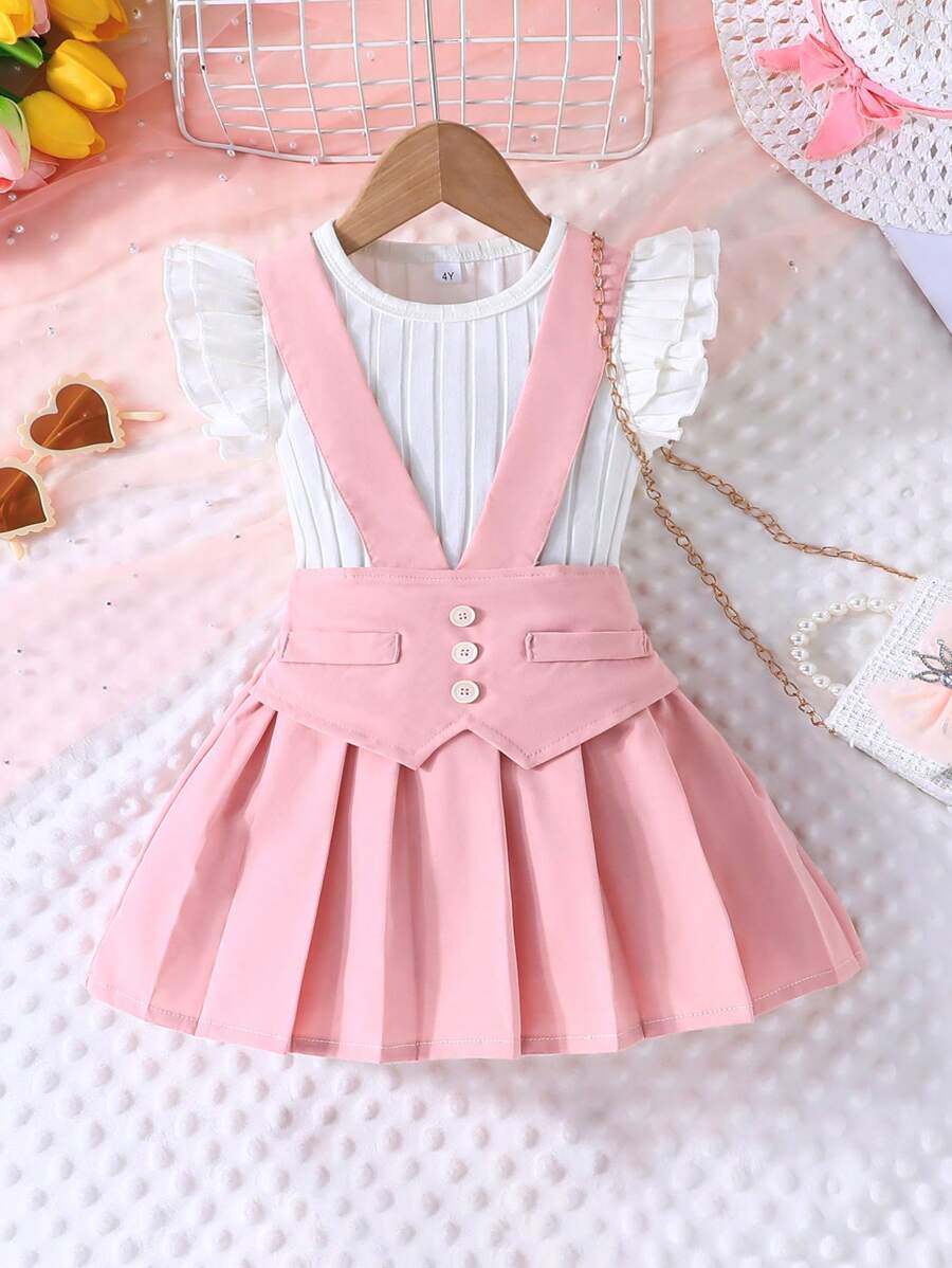 Conjunto de verano para chicas con top corto con cuentas, falda exquisita y elegante sombrero, 3 piezas - Rosa - Ver 1