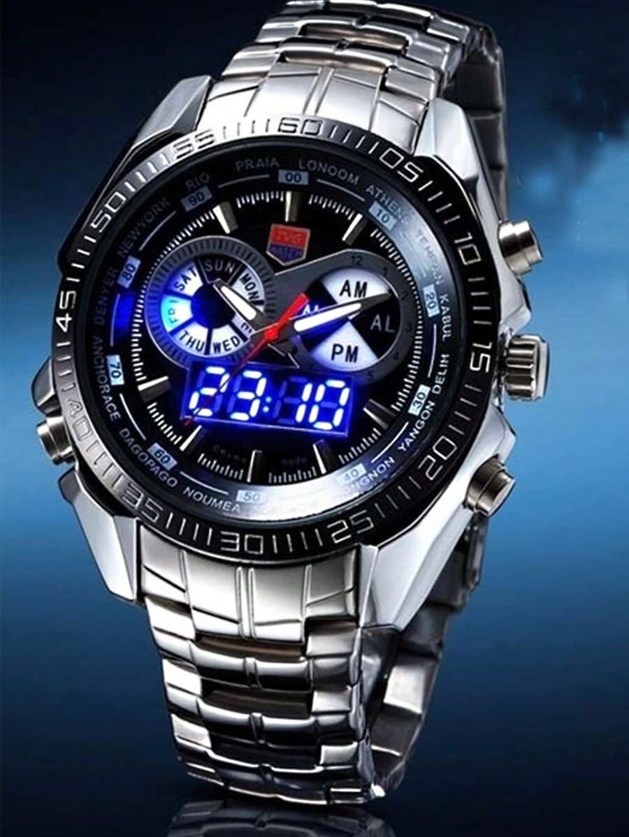 Reloj de acero inoxidable de doble visualización TVG para hombres, con puntero LED militar, resistente al agua 3ATM, regalo para el Día de San Valentín