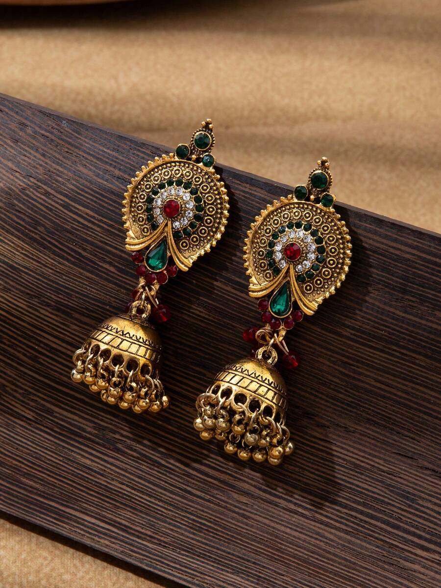 1pair Vintage Court Style Jewelry, Alloy Material, Elegant Diamond-Set Bell-Shaped Pendant Earrings For Women's Daily Wear And Parties - Bohemia - View 1
