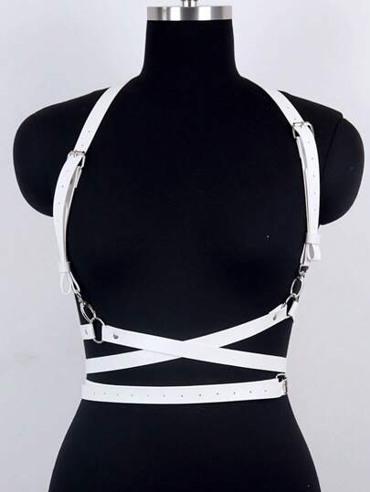 1pc White Punk Style Leather Crop Top With Straps, Sexy Bustier Corset With Garter Belts, Suitable For Daily Wear
