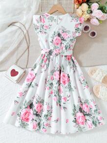 2pcs/Set Tween Girl Casual Elegant Peony Printed Summer Dress