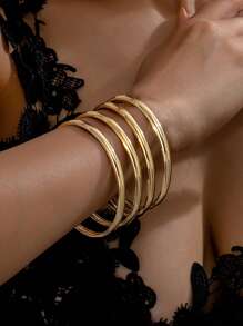 4入組時尚素面圓形手環，女士休閒禮物 - 金黃色 - 查看 3