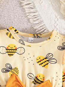 Conjunto de vestido de 2 piezas para bebé niña con estampado lindo de abeja y vestido casual de unicolor de manga larga para primavera y otoño - Amarillo - Ver 4