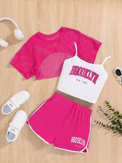 3pcs Tween Girl Brooklyn Letter Print Camisole + Mesh Overlay Top + Shorts Outfit, Fashionable Summer Outdoor Set, Suitable As Summer Gift