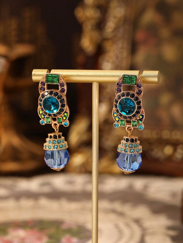 1 paire Boucles d'oreilles pendantes plaquées or de style européen et américain à la mode rétro du Moyen Âge moderne avec incrustation de strass, de pierres de couleur et de cristaux, adaptées pour un port quotidien des femmes, les fêtes de vacances, les tenues formelles, comme cadeaux et accessoires de mode