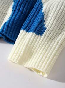 Áo len cổ tròn in họa tiết bò sữa phối màu tương phản, mẫu mới Thu Đông của White Joy, thích hợp cho Giáng sinh, Năm mới, tay dài. - Xanh và trắng - Xem 5