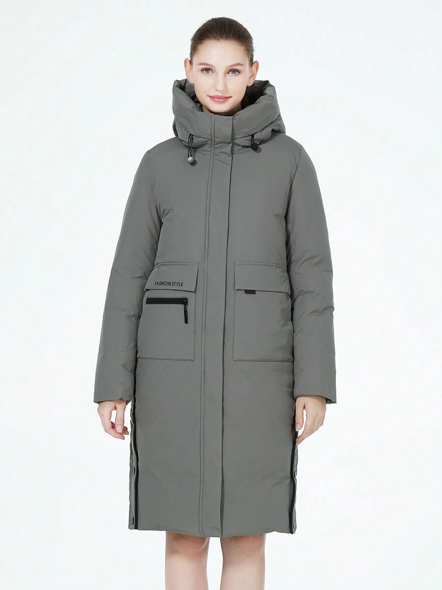 灰绿色连帽系腰口袋长袖棉服外套
