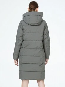 灰绿色连帽系腰口袋长袖棉服外套