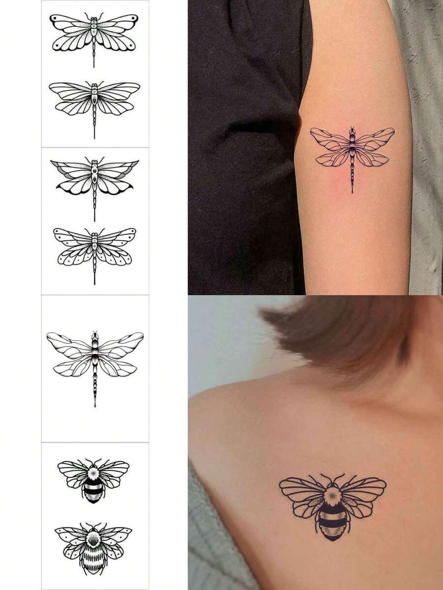 4 piezas Set de tatuajes de libélula - Tatuajes temporales para muñecas, brazos y Body - Semipermanentes y de larga duración (Aproximadamente 7-15 días) - Negro - Ver 1