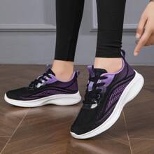 系带多色女式跑步鞋，透气休闲针织鞋，户外休闲鞋 - 黑紫色 - 查看 14