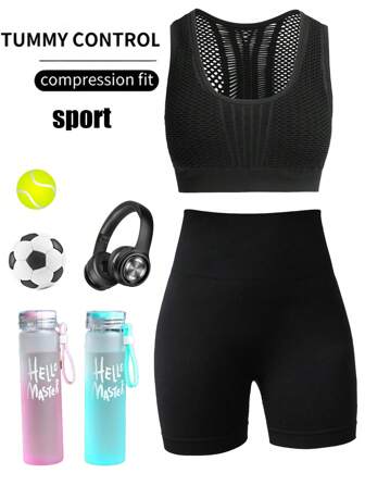 女士纯色镂空背心和短裤瑜伽运动服套装