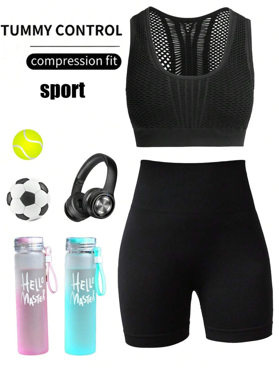 Women's Solid Color Hollow Back Sleeveless Tank Top & Shorts Yoga Activewear Set