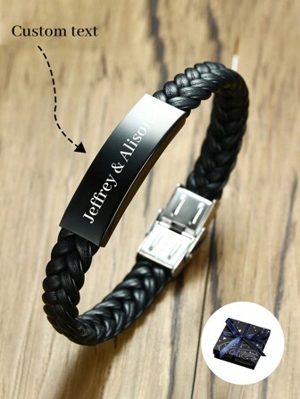 Classic Stainless Steel Black Bent Plate & PU Leather Men's Bracelet Black Stylish,Fall Fashion,Vintage,Contracted,Simple,Punk Custom,Personalized,Unique Ideal Gifts For Him Boyfriend,Dad,Family,Friends,Son,Grandparents For Anniversaries,For Valentine's Day,For Birthdays,For Father's Day,For Graduation,For Daily Wear,For Prom Valentines Black,Silver Stylish,Vintage,Simple,Unisex,Casual,Customized Fashion Engraved Bracelets,Look Glamour