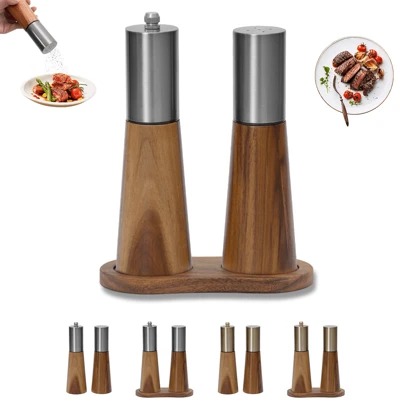 2包木製胡椒磨和鹽灑組合套裝，可加裝陶瓷磨芯，可調整磨粗細度，適用於廚房、燒烤、野餐