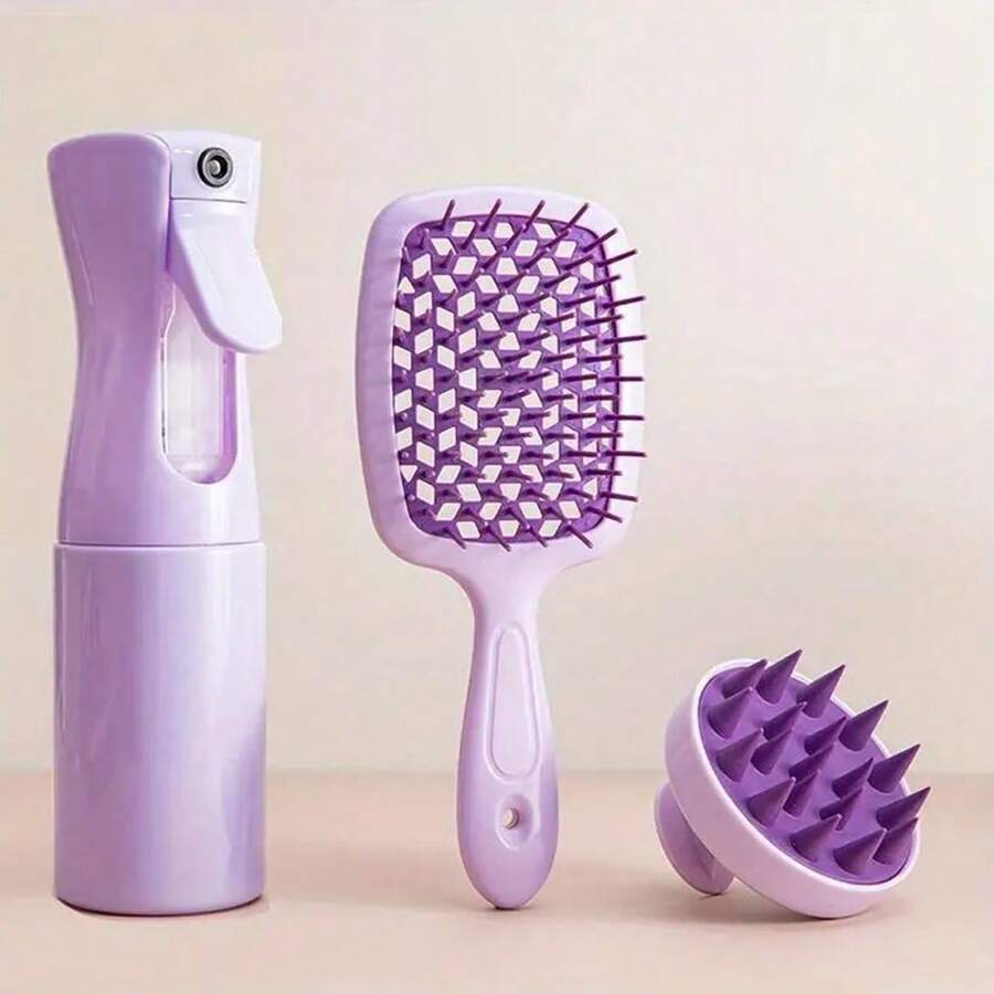 3 Stück Haarpflege-Set, inklusive Silikon-Kopfhautmassagegerät, Haarmist-Sprühflasche und Kamm, unisex - Feiner Nebel-Spray, kontinuierliches Sprühen, einfache Reinigung, geeignet für normalen Haartyp - Verschiedenfarbig - Übersicht 1