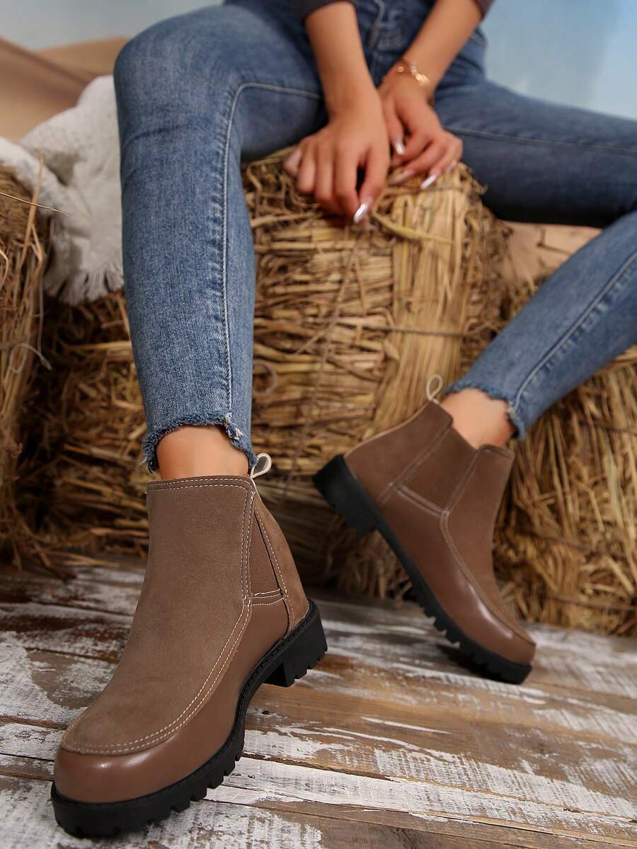 Giày bốt cổ tròn & bốt ngắn da nữ, phiên bản mới thời trang Giày Chelsea Boot có dây thun và giày cao gót đi xe máy & mắt cá chân Giày cao gót màu nâu, thích hợp để mặc hàng ngày, bốt nâu - màu nâu - Xem 1
