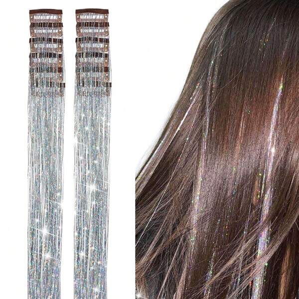 6Pcs Hair Tinsel Clip In 23.6Inch Glitter Tinsel Hair Extensions Clip In Hair Tinsel Kit Heat Resistant Shiny Sparkle Fairy Hair Accessories For Women (Silver)