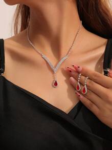 2-Piece Women Teardrop Pendant Necklace And Earrings Set, Fashion Elegant Jewelry For Wedding Party