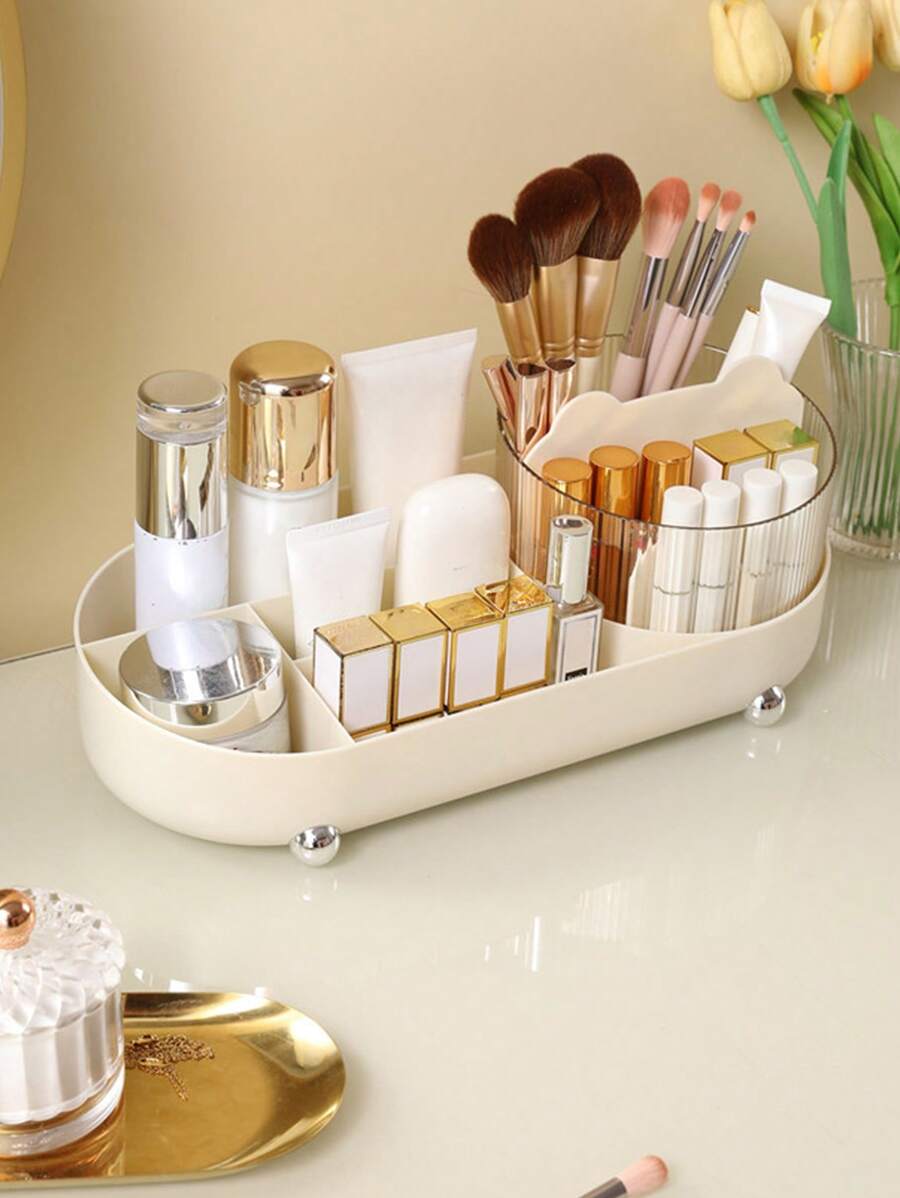 360° Rotating Cosmetic Storage Box, Multi-Compartment Functional Makeup & Skincare Organizer For Brushes, Pencils, And Pens. Suitable For Home Bedroom Dressing Table And Bathroom Vanity - Multicolor - View 1