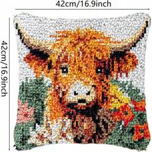 1 Set Lovely Highland Cow Latch Hook Kit With Yarn, Mat And Printed Canvas, DIY Throw Pillow Case With Latch Hook And Fastening Set, Christmas Home Sofa Decoration, 16.93x16.93 Inches