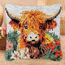 1 Set Lovely Highland Cow Latch Hook Kit With Yarn, Mat And Printed Canvas, DIY Throw Pillow Case With Latch Hook And Fastening Set, Christmas Home Sofa Decoration, 16.93x16.93 Inches
